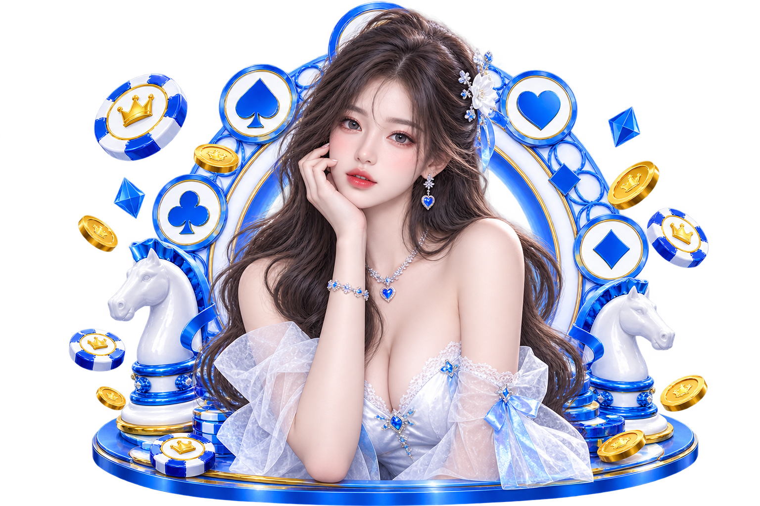 heng34 คาสิโนออนไลน์ พร้อมเกมไพ่ สล็อต และชิปคาสิโนธีมน้ำเงินทอง
